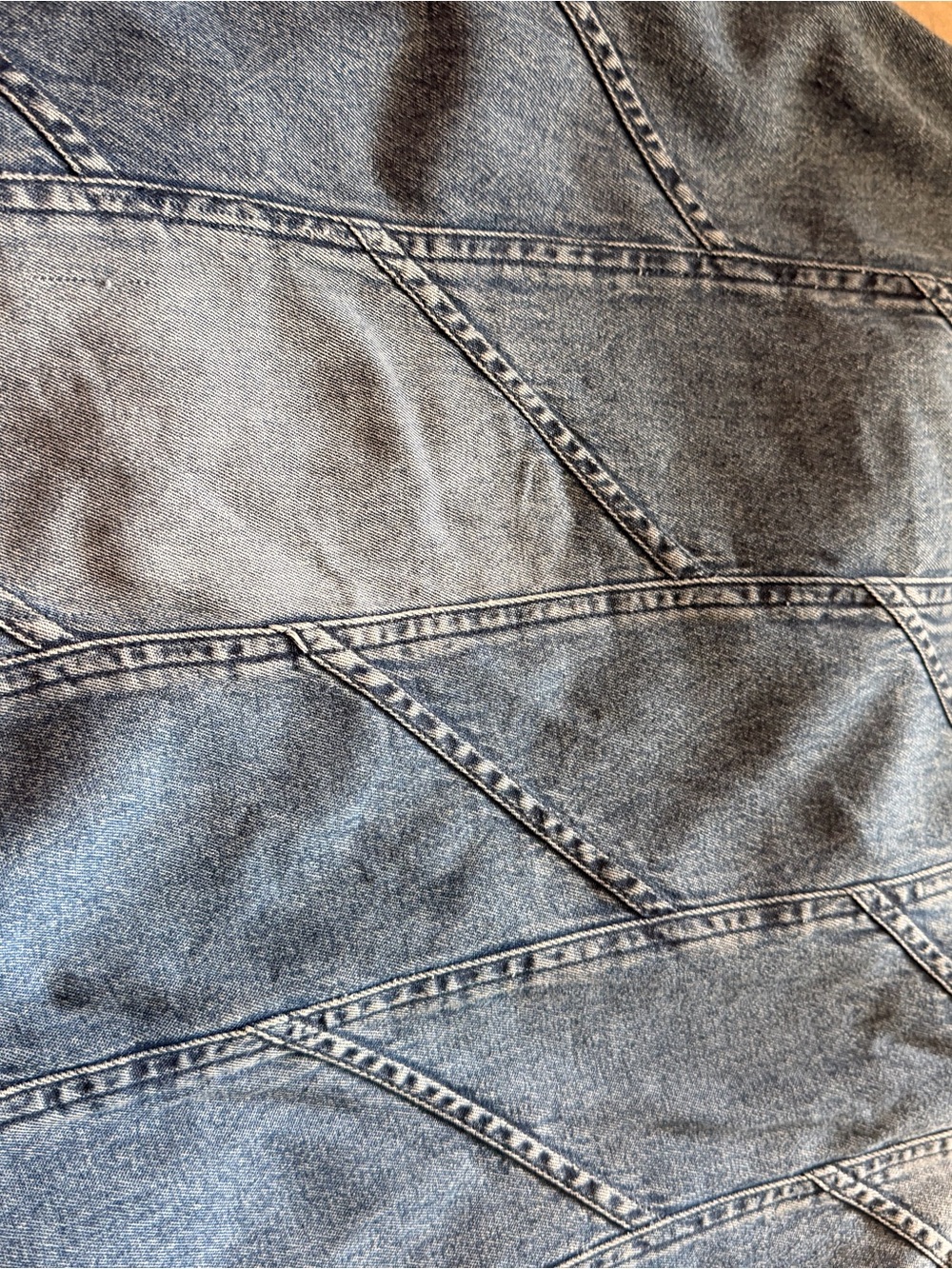 100% COTTON 2 Toned Patchwork Wash Denim Maxi Skirt Made in India Elastic L - Picture 2 of 5